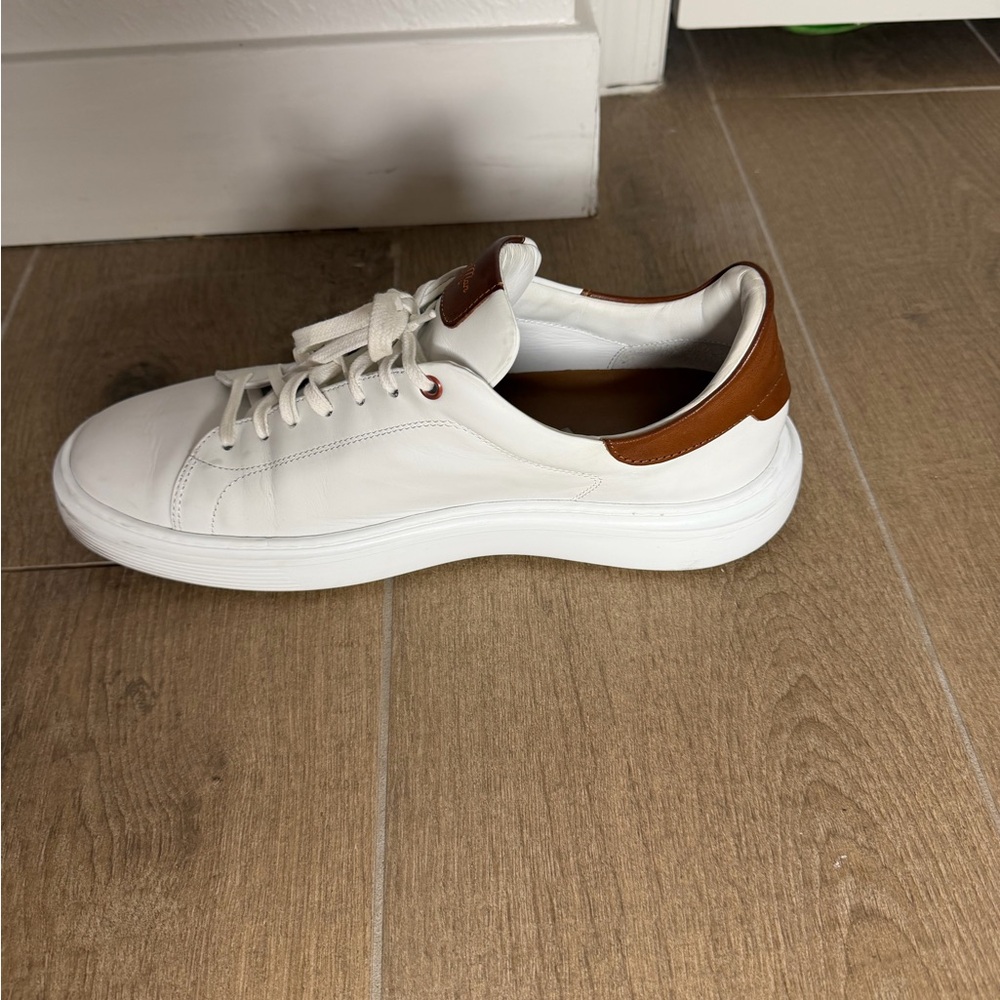 White Leather Low-Top Sneakers with Brown Leather Accents - Picture 6 of 11